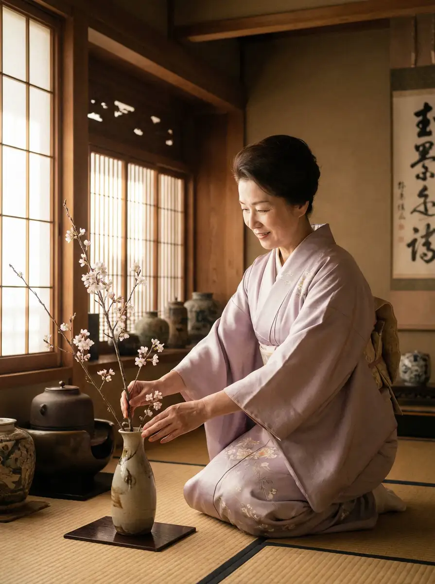 一位优雅的 优派平板电脑 在和室中插花