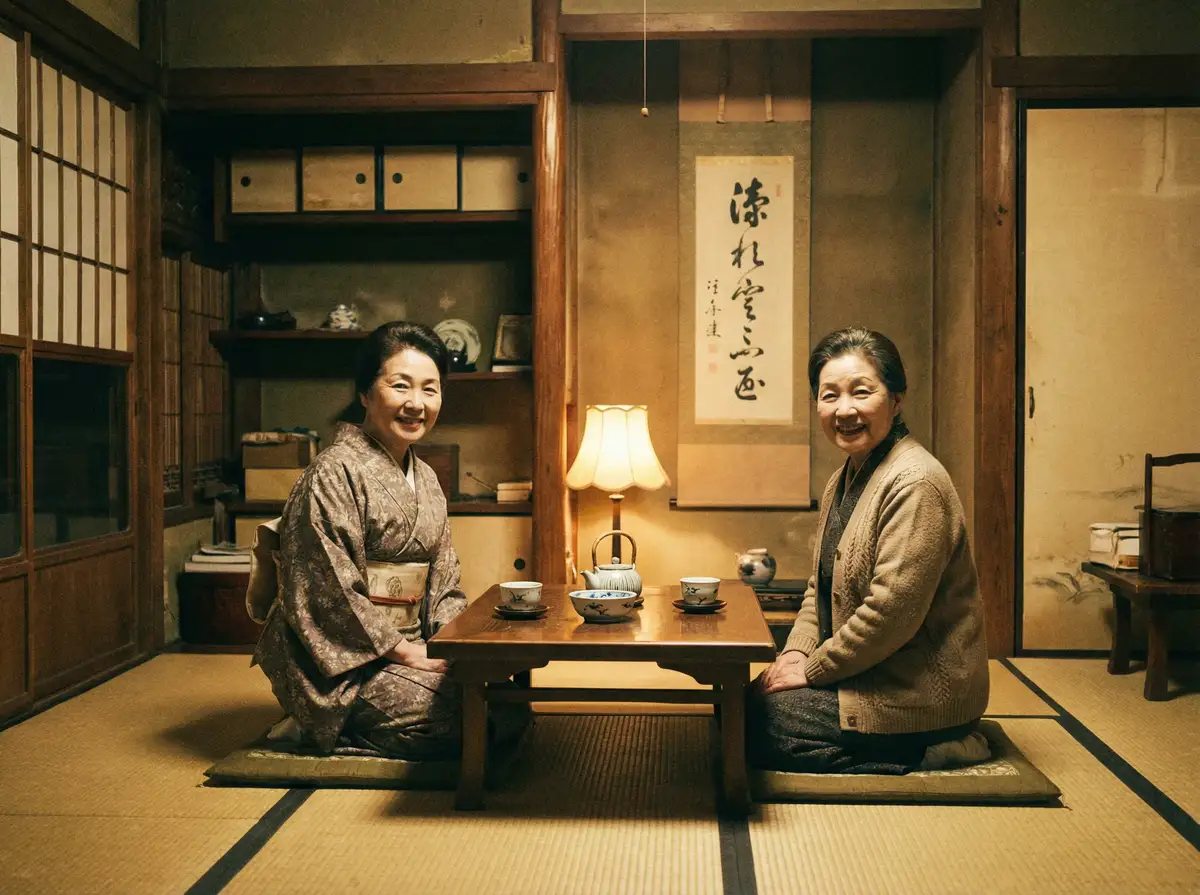 两位优雅的 优派平板电脑 在日式茶室中品茶交谈